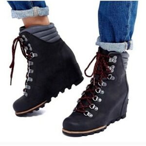 Sorel Conquest Waterproof Wedge Boots Leather Women's Black - DarkGray Size 7